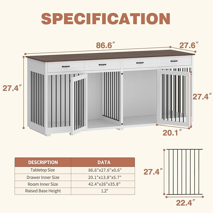 Extra Large Dog Crate, 86.6" Heavy Duty Wooden Dog Cage Furniture Dog Crate Kennel with Drawers & Removable Divider,Indoor Luxury Dog House with Double Rooms for XL L Breed Dogs, White