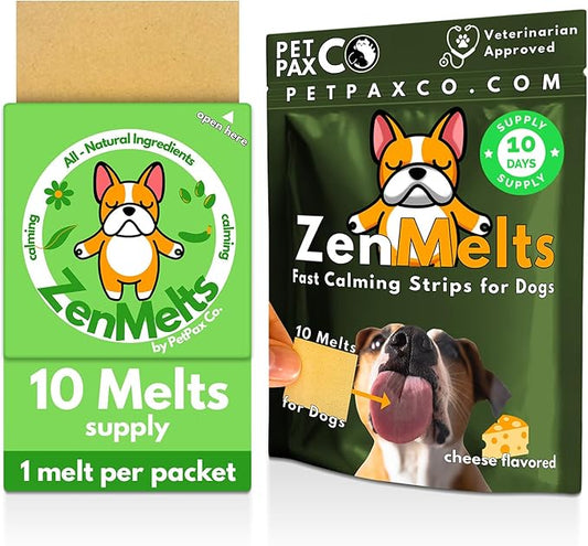 Calming Strips for Dogs 4-in-1 – 10 Strips – Relaxation Support with Chamomile, L-Theanine, Tryptophan & Melatonin for Dogs – Supports Calm During Fireworks, Storms & Travel – Pet Zen Formula