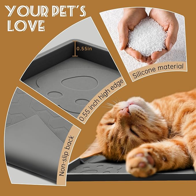 Silicone Cat Litter Mat for litter box 34" X 22"-Easy to Clean Cat Litter Trapping Mat, Waterproof, urine-proof and non-slip to keep the floor clean and tidy（Light Black）