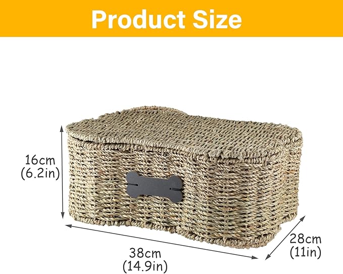 Seagrass Wicker Baskets for Dog Toys,Bone Shaped Dog Toy Bin with Lid,Personalized Dog Toy Organizer Boxes for Living Room,Farmhouse Handmade Pet Dog Storage,Dog Stuff Organizer