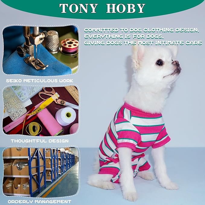 TONY HOBY Male Dog Pajamas, Dog Jumpsuit with Rose Red Stripe, Colorful Dogs Shirt for Small Medium Dogs (Rose Red&White, Boy, L)