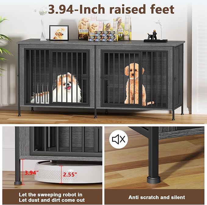 EasyCom Dog Crate Furniture for 1 or 2 Dogs, Heavy Duty Single/Double Dog Crates for Small/Medium/Large Dogs, Dog Kennel Furniture Indoor as TV Stand, Medium Size 63" L(20-35 Pounds), Dark Grey