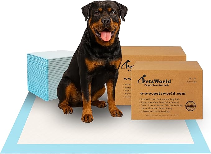 PetsWorld XL Dog Pee Pads 30"x36", 300-Count – Heavy Duty, Leak-Proof Potty Training Pads for Puppies & Large Dogs, Super Absorbent, Quick-Dry Disposable Pads with Odor Control