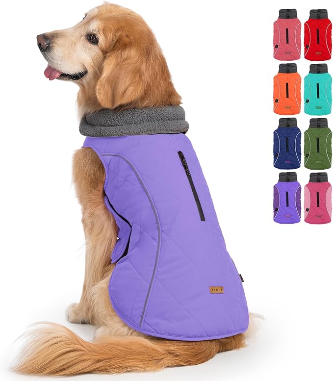 EMUST Winter Coat for Large Dogs, Windproof Dog Jacket for Cold Weather, Extra Warm Pet Winter Clothes for Small Medium Large Dogs, Purple, XXL