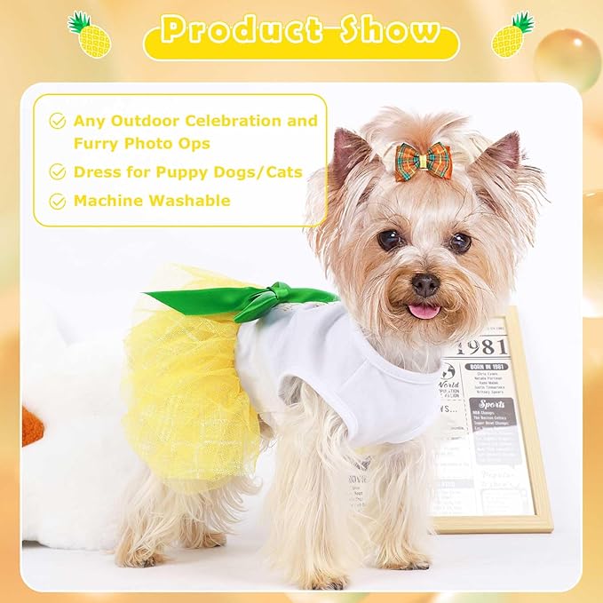 Dog Clothes for Small Dogs Girl, Spring Pet Dress Puppy Princess Tutu Cute Puppy Tulle Dresses Pet Clothes Cat Apparel Chihuahua Yorkshire Outfits (Yellow Pineapple, L)