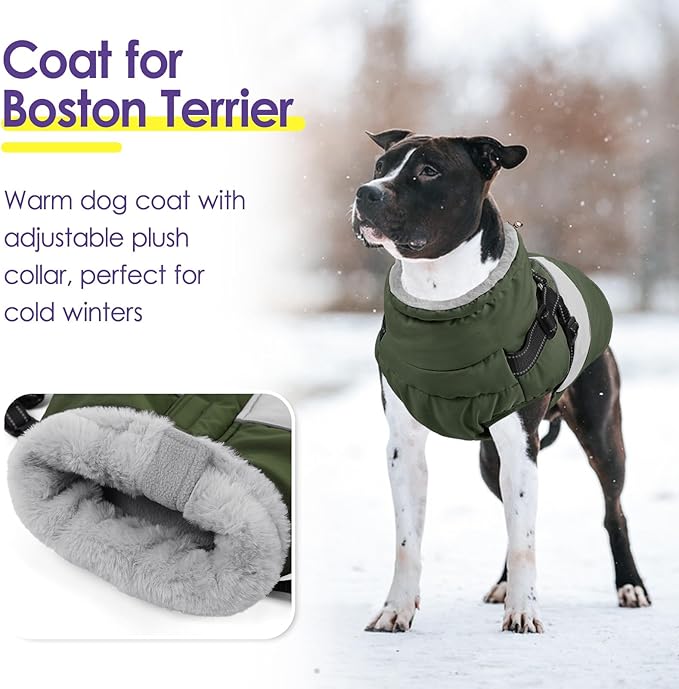 SUNFURA Dog Coat, XXL Dog Jacket Winter with Harness Built in, Waterproof Pet Snow Jacket with Furry Collar for Chilly Day, Reflective Fleece Snowsuit for Extra Large Dogs, Army Green 2XL