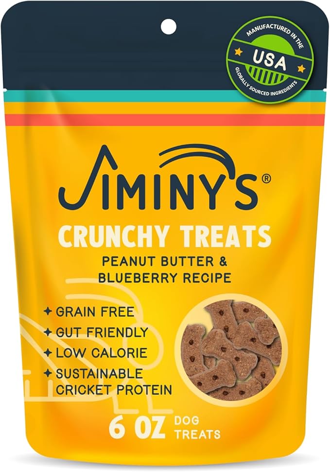 Jiminy's Crunchy Peanut Butter & Blueberry Dog Treat, Hypoallergenic, Prebiotic, Tummy Friendly, Low Calorie, Alternative Cricket Protein, Sustainable, 5oz (Pack of 1)