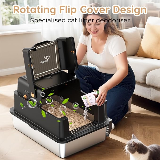 L8 Max-XXXL Stainless Steel Litter Box with Lid, 28" L x 20.5" W x 17.4" H Large Cat Litter Box for Big Cats, Cat Litter Deodorizer Included, High Sided Enclosure with Scoop & Mat, Anti-Leakage-Black