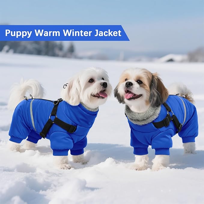 BRKURLEG Blue Dog Winter Coat, Cozy Winter Dog Jackets, Small Dogs Coat with Harness, Onesie Body Warm Puppy Christmas Jacket, Pet Reflective Cold Weather Jackets, Puppy Four-Legged Puffer Coats, XL