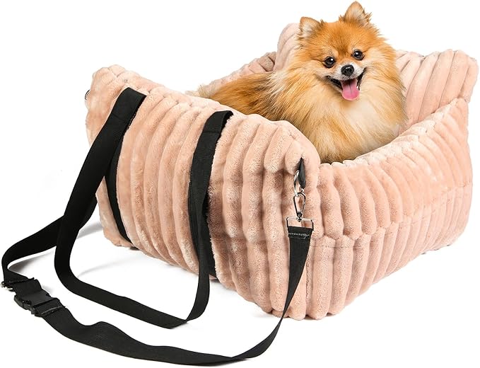 Dog Car Booster Seat, for Small Dogs Under 30 lbs, Detachable Washable Travel Bed with Storage Pockets and Safety Belt (Pink, Medium)