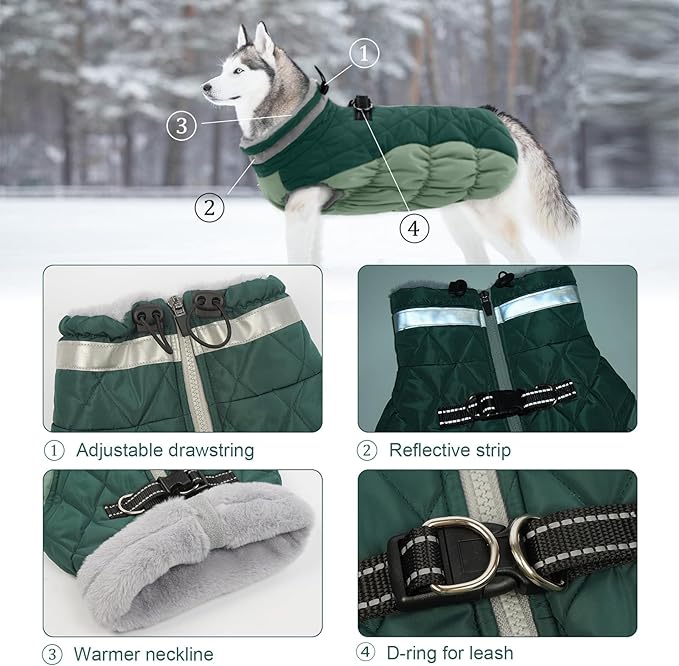 Lelepet Warm Dog Winter Coat Dog Coats for Small Dogs Waterproof Dogs Jacket with Harness Built in Reflective Cold Weather Coats Windproof Zip-Up Winter Fleece Vest Snowsuit Chihuahua Teal Green