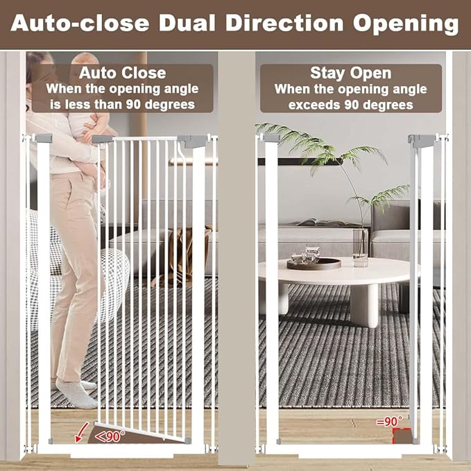 Fairy Baby 51.18" Extra Tall Baby Gates for Doorways, 29.5"-48.4" Extra Wide Safety Child Gates for Cats Dogs, Metal Auto Close Stair Gates Indoor for Kid or Pets No Drilling Pressure Mount Kit, White