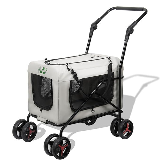 Pet Stroller with Detachable Wheels, Cat Carrier Dog Carrier, Adjustable Mesh Windows, Portable Pet Travel Bag, Travel Foldable Pet Carrier for Small Cat and Dog (Beige)