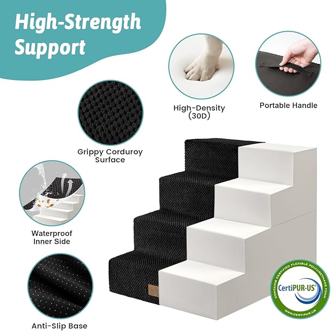 Dog Stairs for Small Dogs, 4 Tier Removable Pet Stairs for Couch and Bed, 17.7" H Dog Steps for Old Cats, Puppy, Small Dogs, 15.7x23.6x17.7 inch, Black