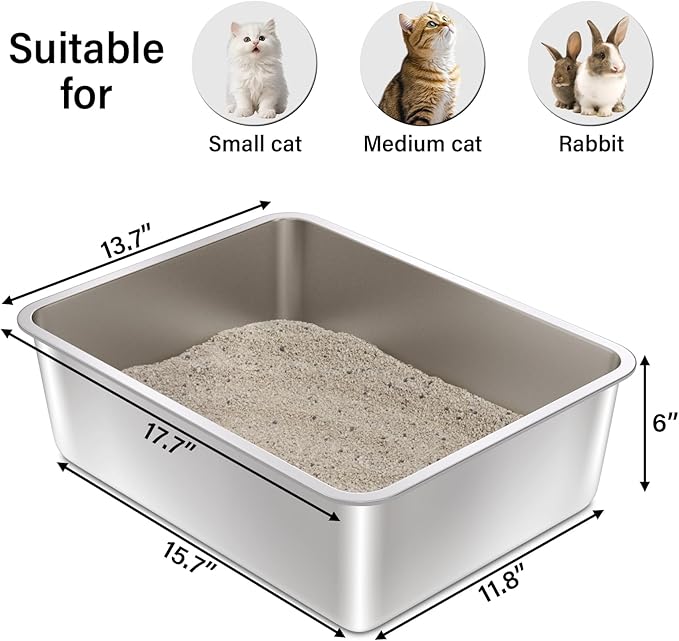 Stainless Steel Litter Box- 17.7" L x 13.77" W x 6" H Metal Cat Litter Box, Medium Cat Litterbox for Kitty or Rabbits,Non Stick, No Smell, Easy to Clean