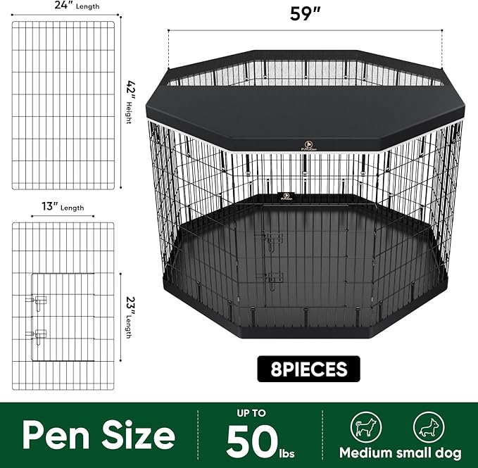 PJYuCien Dog Playpen, 8 Panels 42’’H Dog Pens Indoor with Bottom Pad and Top Cover, Metal Foldable Pet Puppy Exercise Fence Crate Kennel, Better for Medium and Big Animals,Black