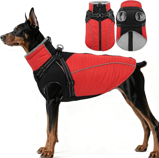 ASENKU Reflective Dog Coat with Built-in Harness, Windproof Fleece-Lined Dog Jacket for Small, Medium, Large Dogs, Warm Winter Vest with Turtleneck & Zipper (Red XL)