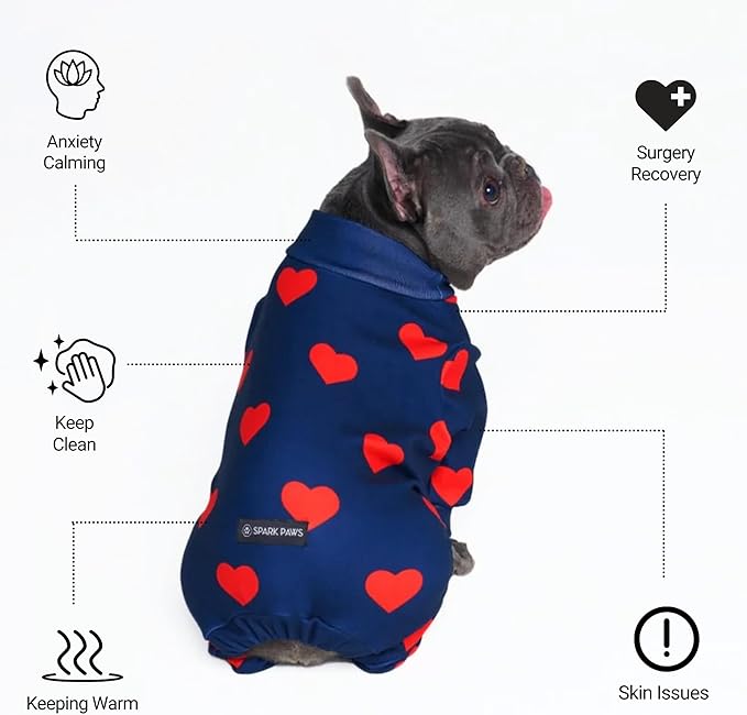 Spark Paws Dog Pajama, Dog Recovery Suit Male, Onesie, Ultra-Soft and 4-Way Stretch, for Small Medium and Large Breeds - Hearts - XL