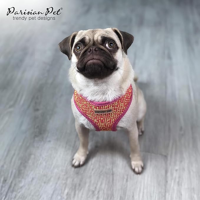 Parisian Pet Adjustable Pink/Yellow Dog Vest Harness - Medium-Sized, Cooling Mesh Fabric No Pull Harness for Walking, Running, Hiking - Puppy Size