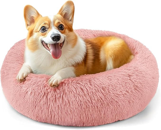 28in Large Dog Bed, Medium Size Dog and Cats, Calming Donut Bed for Puppy and Kitten, Washable Round Fluffy Pet Bed (Pink)