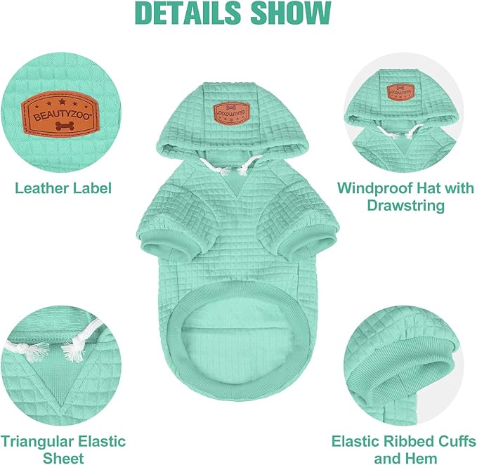 BEAUTYZOO Small Dog Hoodie Sweater with Pockets, Dog Clothes for Small Medium Dogs Boy Girl, Waffle-Like Laminated Cotton Pet Coats with Hat and Leash Hole, Mint Green L
