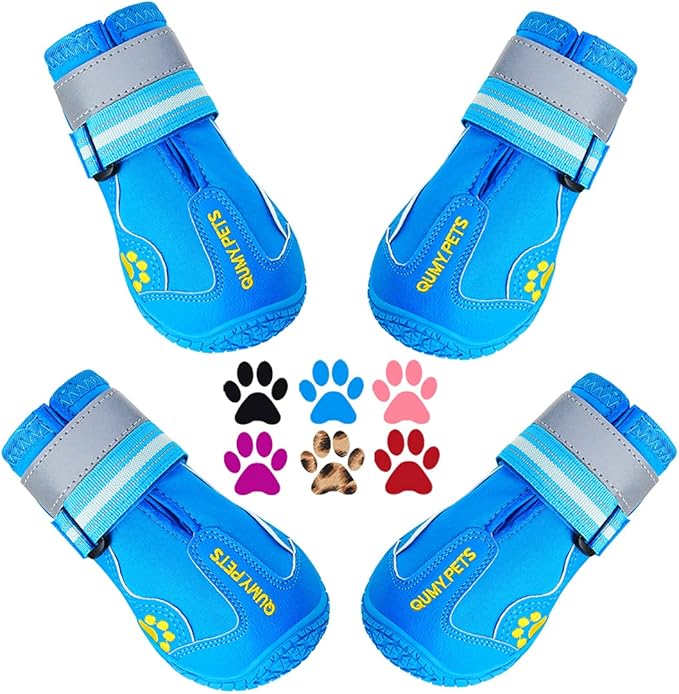 QUMY Dog Shoes for Large Dogs, Medium Dog Boots & Paw Protectors for Winter Snowy Day, Summer Hot Pavement, Waterproof in Rainy Weather, Outdoor Walking, Indoor Hardfloors Anti Slip Sole Blue 3