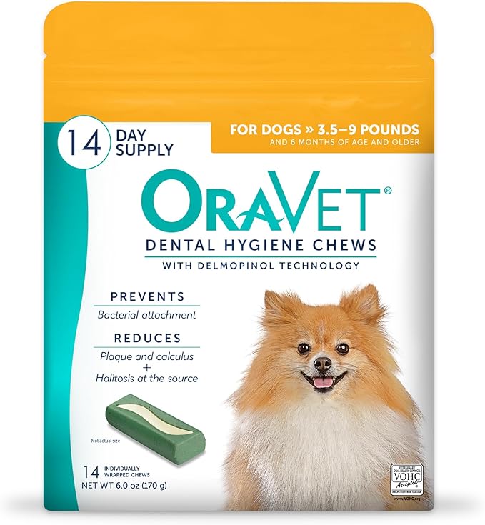 ORAVET Dental Chews for Dogs, Oral Care and Hygiene Chews (Extra Small Dogs, 3.5-9 lbs.) Yellow Pouch, 14 Count