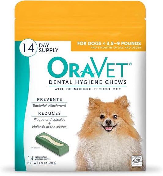 ORAVET Dental Chews for Dogs, Oral Care and Hygiene Chews (Extra Small Dogs, 3.5-9 lbs.) Yellow Pouch, 14 Count