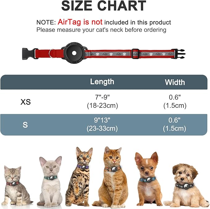 Reflective AirTag Cat Collar, Integrated Cat Tracker Collar with Air Tag Holder and Bell, Safety Elastic Band Cat GPS Collars for Girl Boy Cats, Kittens and Puppies (Red, XS)
