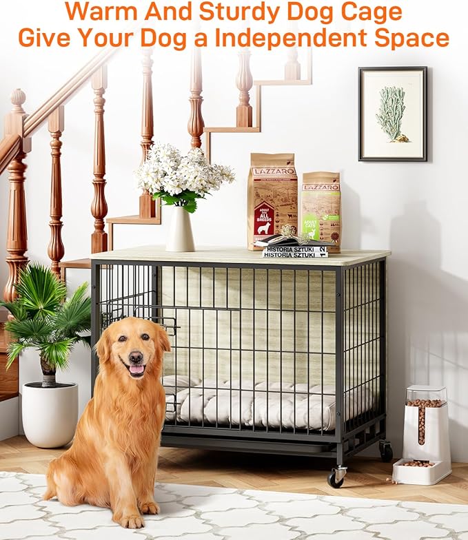 Dog Crate Furniture, 38.6" Wooden Dog Crate with Double Doors, Dog Furniture, Large Dog Kennel Indoor End Table for Large Dogs, Rustic Brown