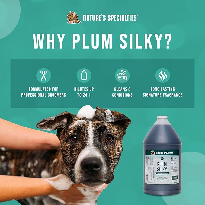 Nature's Specialties Plum Silky Ultra Concentrated Dog Shampoo Conditioner, Makes up to 24 Gallons, Natural Choice for Professional Pet Groomers, Silk Proteins, Made in USA, 1 gal