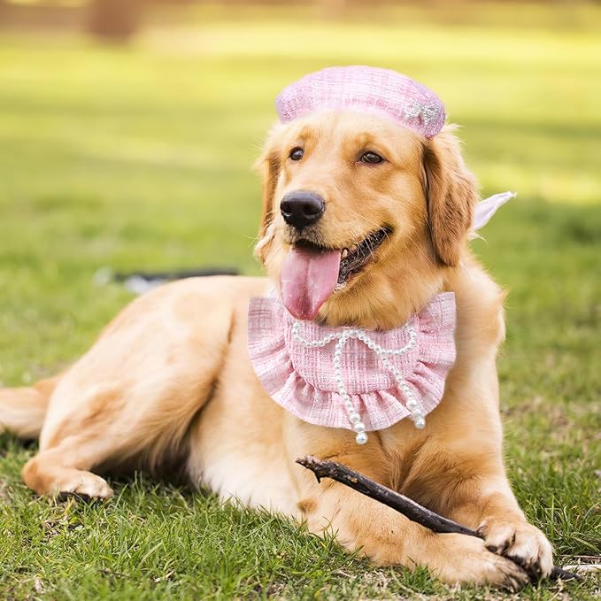 HOWWFALY 2PCS Cat Beret Hat with Pearl Bowtie, Adjustable Bandana Scarf Set Pet Princess Costume for Halloween Christmas, Cat Dog Birthday Party Apparel (Pink Pearl)