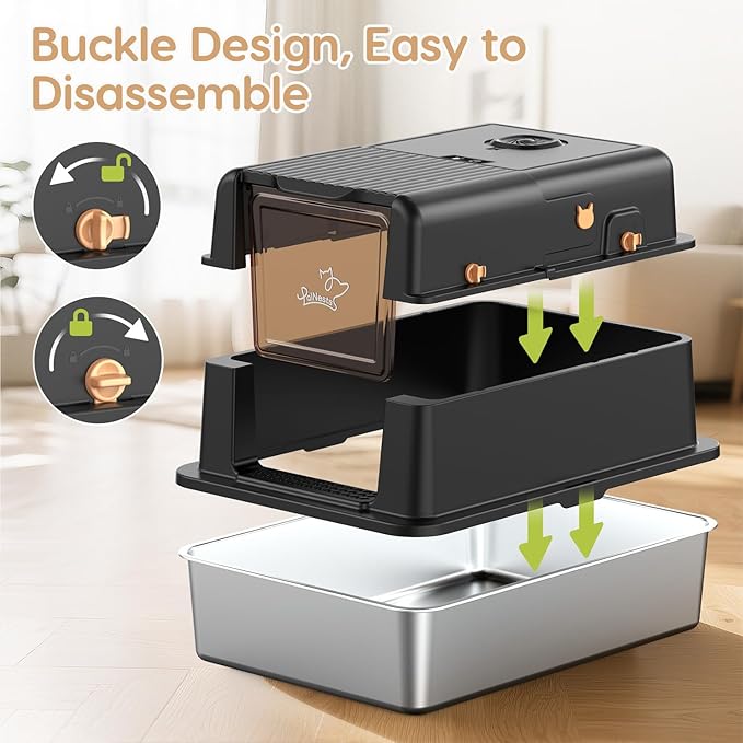 L8 Ultra-XXXL Stainless Steel Litter Box with Smart Odor Control System, 28"L x 20.5"W x 17.4"H Large Cat Litter Box with Lid for Big Cats, High Sided Enclosure with Scoop & Mat, Anti-Leakage-Black