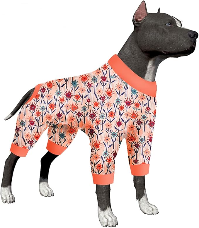 LovinPet Large Dog Clothes Female, Long Sleeve Shirt for Dogs, Anti Licking Dog Pajamas,Stretchy Comfy Fabric, Wildflowers Flame Print, Pajamas for Pitbulls, Onesies for Dogs, Pitbull Clothes,3XL