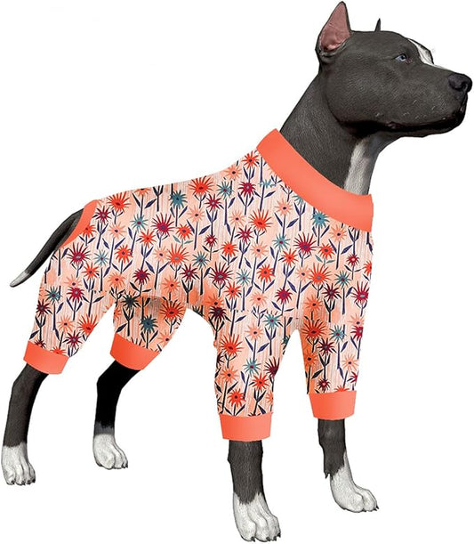 LovinPet Large Dog Clothes Female, Long Sleeve Shirt for Dogs, Anti Licking Dog Pajamas,Stretchy Comfy Fabric, Wildflowers Flame Print, Pajamas for Pitbulls, Onesies for Dogs, Pitbull Clothes, Large