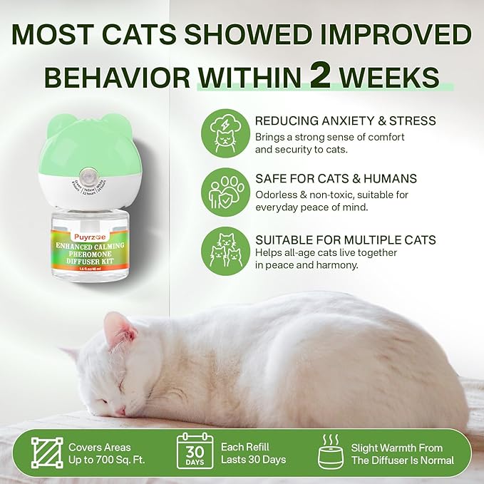 Cat Calming Diffuser with 3 Timing Functions, 3-in-1 Cat Pheromones Calming Diffuser Kit, 60-Day Anxiety Relief, Stress Reduction & Relaxation for All Cats (1 Diffuser + 2 Refills)