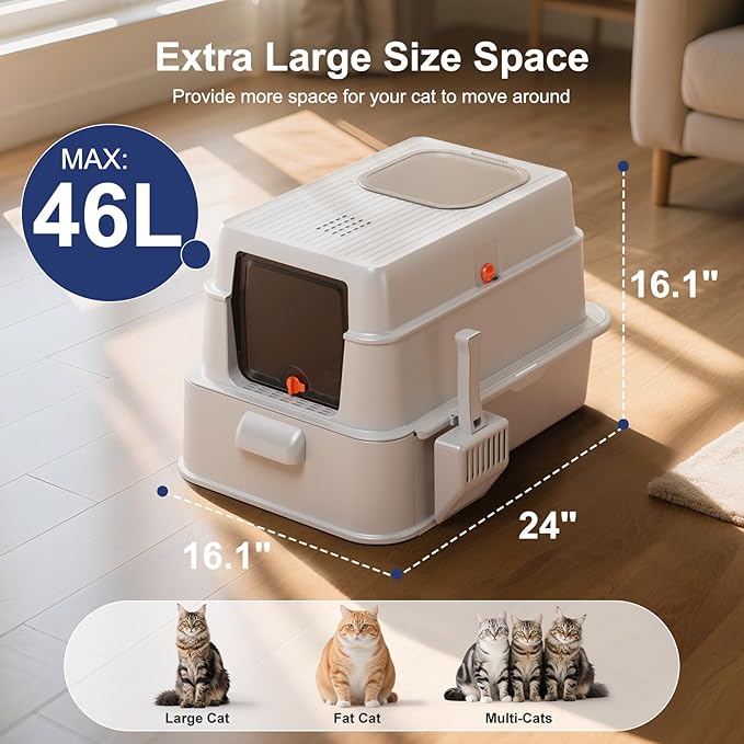 FURTIME Stainless Steel Litter Box with Lid, XL Extra Large Cat Litter Box for Big Cats, Enclosed Drawer Metal Litter Boxs with High Sided Enclosure & Mat, Front & Top Entry, Odor Free, Anti-Leakage