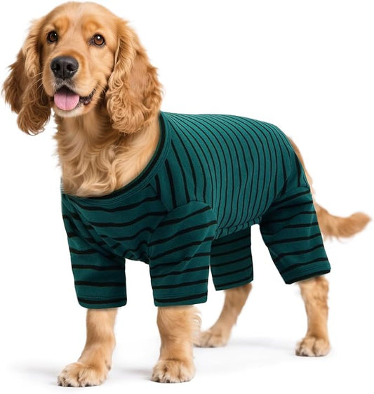 Striped Dog Pajamas - Thermal Bodysuit for Small to Large Dogs, Fleece Shedding Suit, Stretchy & Machine-Washable Pjs, Belly Cut for Males, Great for Surgery & Cold Weather, Green 2XL