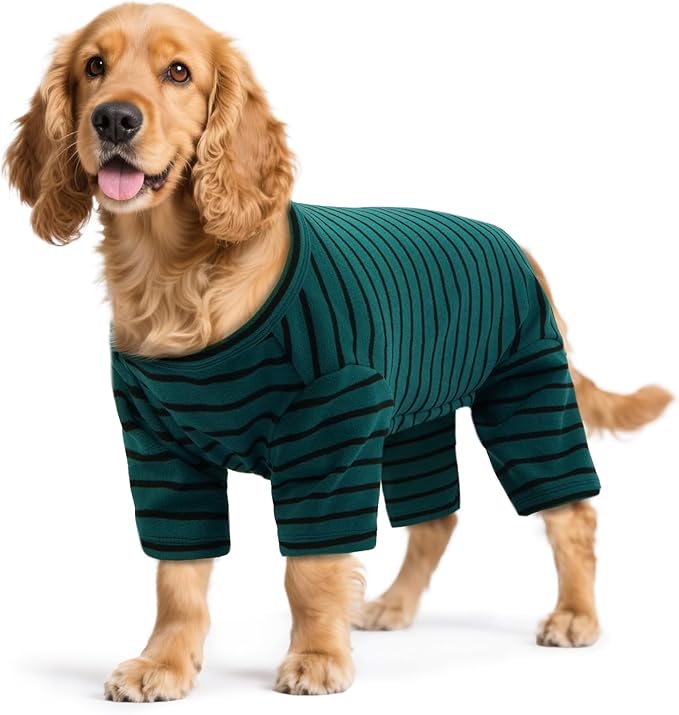 Striped Dog Pajamas - Jammies for Small to Large Dogs, Fleece Shedding Suit, Stretchy & Machine-Washable Pjs, Belly Cut for Males, Great for Surgery & Cold Weather, Green 3XL