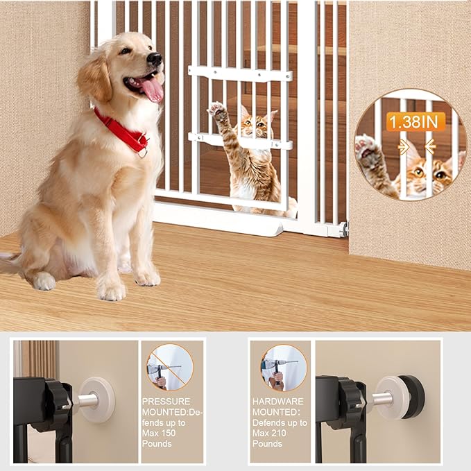 71" Extra Tall Cat Gate 29.5-40.6 Wide Pet gate for Doorway Pet Gate with Cat Doors NO Drilling Pressure Mount Kit for Cats and Dogs Indoor Doorways liveing Room Bedroom-White