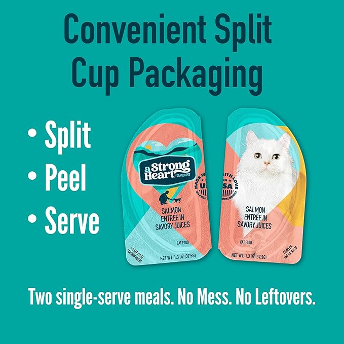 A Strong Heart Split Cup Wet Cat Food, Salmon Entree - 2.6 oz Split Cups, 20 Servings (Pack of 10), Made in The USA with Real Salmon & Poultry