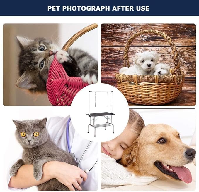 42 Inch Dog Grooming Table, Adjustable Height Pet Grooming Table with Armrest, Ropes and Mesh Tray, Suitable for Home and Dog Washing Station