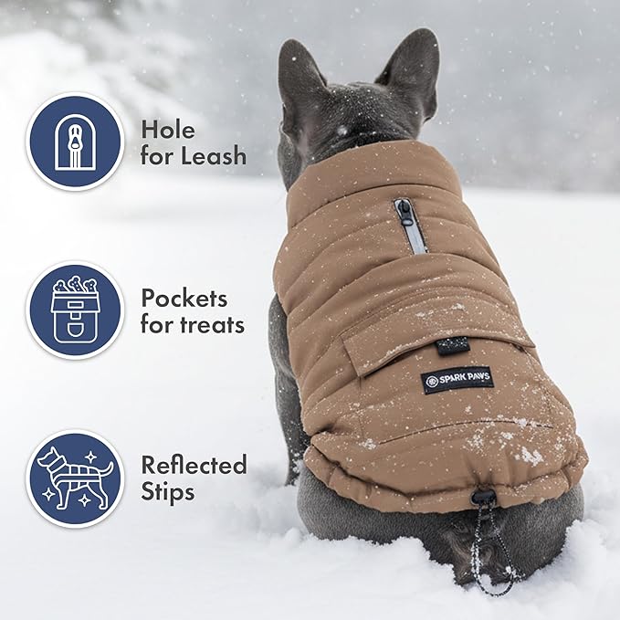 Spark Paws Dog Winter Jacket, Water-Resistant Coat, Warm Reflective Windproof Fleece-Interior, for Medium and Large Dogs - Tan - 4XL