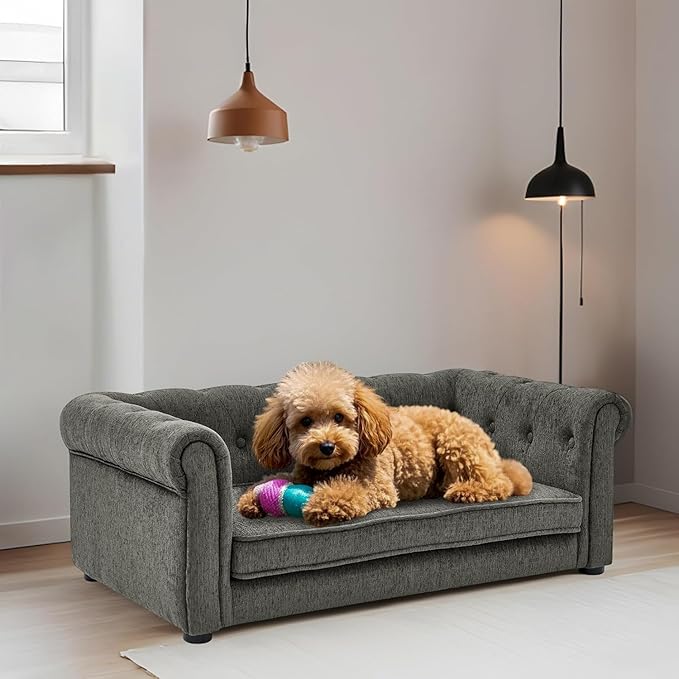 Dog Couch for Medium Dogs Up to 50 lbs, 29" W Memory Foam Dog Sofa Couch with Dry Cleanable Fabric, Elevated Dog Couch Bed with Legs, 39" Outer Edge Length, Furniture for Small and Medium Dogs - Grey