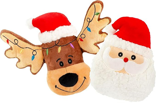 Giftable World Holiday Plush Pet Toy Fun for Christmas Designs with Squeaker Dog Chew Toy (7" Reindeer & Santa Cookie)