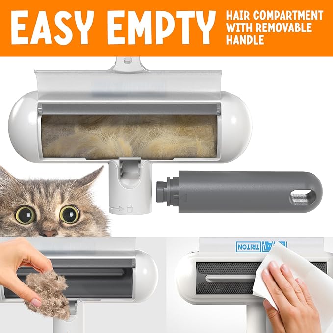 Triton Travel Pet Hair Removal Tool - Compact w/Removable Handle - Portable Reusable Lint Roller Cat and Dog Hair Remover Roller for Couch, Car, Clothes, Fur Cleaner for Quick Cleaning (Gray/White)