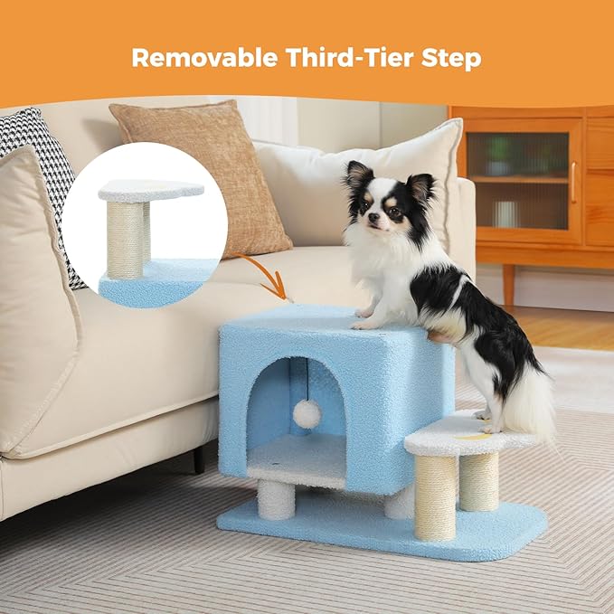3-in-1 Cute Dog Stairs & Cat Scratching Post with Condo, Pet Steps for High Bed, Sofa, Couch, Tall Cat Tower, High-Strength Board for Indoor Small Cats Kittens Dogs Climbing Playing, 3 Steps-Blue