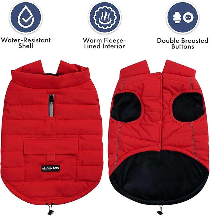 Spark Paws Dog Winter Jacket, Water-Resistant Coat, Warm Reflective Windproof Fleece-Interior, for Medium and Large Dogs - Red - S
