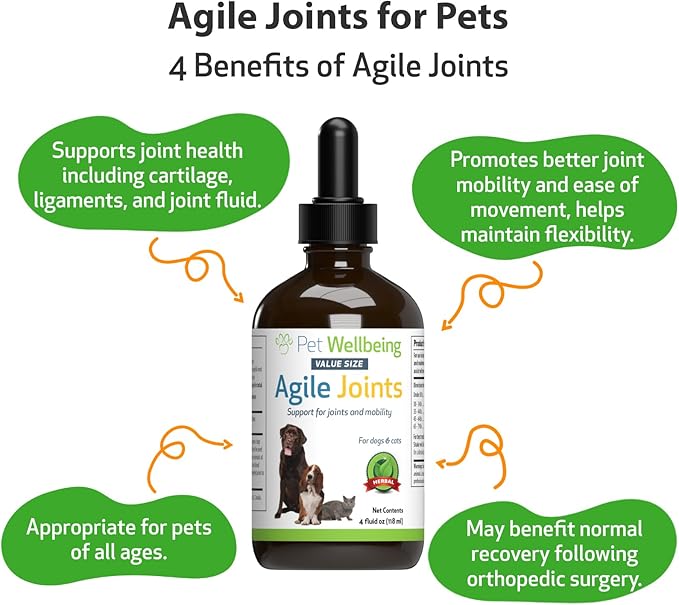 Pet Wellbeing Agile Joints for Dogs - Hip and Joint Health, Mobility, Devil’s Claw, Boswellia, Joint Ligament and Cartilage - Veterinarian-Formulated Herbal Supplement 4 oz (118 ml)