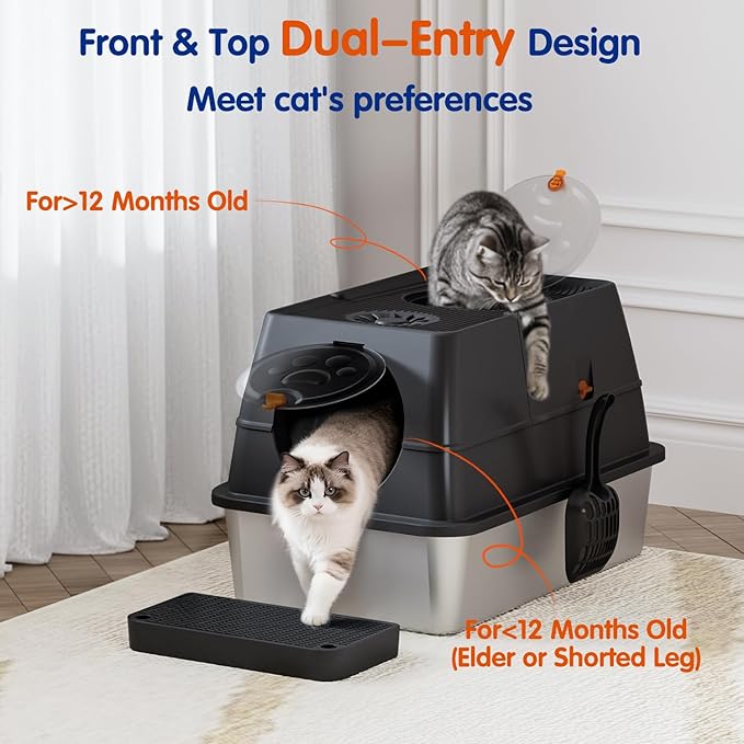 Front & Top Entry Stainless Steel Litter Box with Lid,Cat Litter Box Enclosure,Extra Large Enclosed,Non-Sticky Metal Pan,Anti-Leakage,Odor Control,Easy Clean,Covered for Indoor Cats,Includes Scoop Set